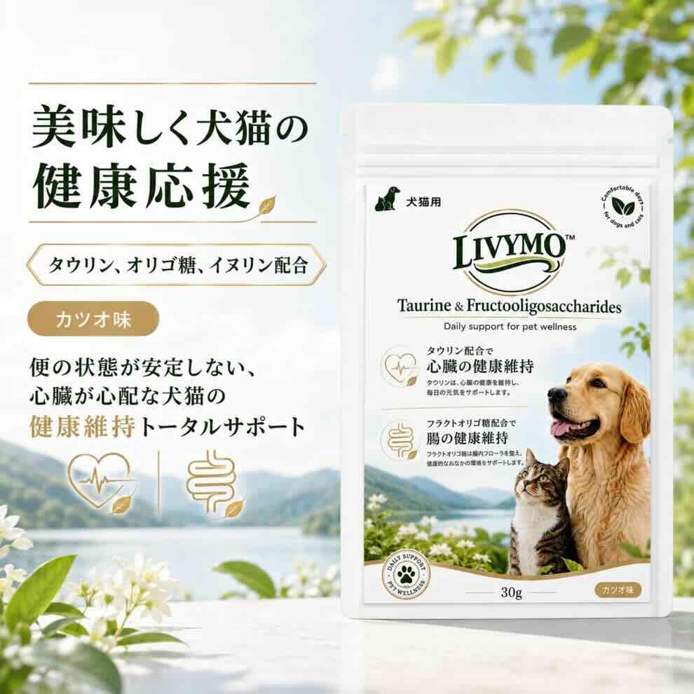 LIVYMO犬猫用ふりかけサプリの使用イメージ｜タウリン・オリゴ糖・イヌリン配合