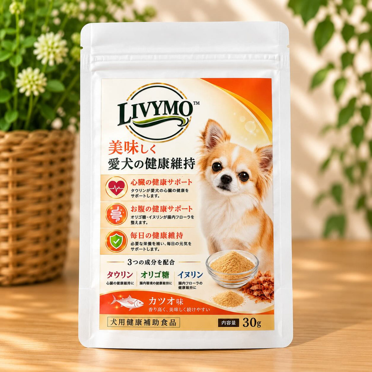 LIVYMO犬用タウリンサプリ30g｜イヌリン・フラクトオリゴ糖配合の犬用ふりかけサプリ